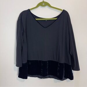 LAFAYETTE 148 BLOUSE TOP NAVY BLUE WIDE VELVET HEM SZ XL V NECK VISCOSE BLEND